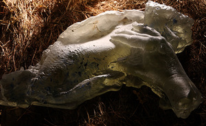 Personalinės parodos „Stiklo logika“ ekspozicija Kauno pilyje, 2016. Darbai iš ciklo „Rankos“.