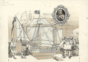 Arvydas Každailis (g. 1939). Iliustracija Aloyzo Každailio knygai „Laivai ir jūrininkai“. 1979. Kolumbo karavelė ir jo emblema. Popierius, tušas, sepija. Nac. M.K.Čiurlionio dailės muziejaus archyvas, skenavo Edgaras Austinskas