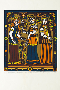 Aspazija Surgailienė (1928–2011). Iliustracija S. Daukanto sudarytam lietuviškų pasakų rinkiniui. 1976. Popierius, linoraižiniai, paspalvintas guašu. Nac. M.K.Čiurlionio dailės muziejaus archyvas, skenavo Edgaras Austinskas