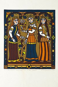 Aspazija Surgailienė (1928–2011). Iliustracija S. Daukanto sudarytam lietuviškų pasakų rinkiniui. 1976. Popierius, linoraižiniai, paspalvintas guašu. Nac. M.K.Čiurlionio dailės muziejaus archyvas, skenavo Edgaras Austinskas