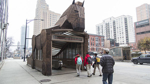 Jaclyn Rivas, Field Museum advertising - Trojan horse on the Chicago subway station's entrance, USA. Jaclyn Rivas, Field Museum advertising - Trojan horse on the Chicago subway station's entrance, USA.