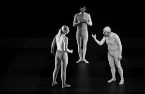 J.Vaitkus " King Lear ". Goneril – Jevgenija Rusakova, Lear – Vytautas Anužis, Duke of Albany  – Valentinas Krulikovskis. Photo by J.V.Tūras. Archive of the Lithuanian Russian Drama Theatre.