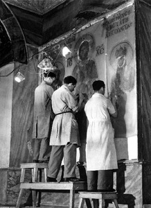 The restoration of Hagia Sophia mosaics, 1931, Istanbul, Turkey.