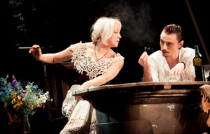 Demonic student Beliajev (Tomas Rinkūnas) sets a net on Natalja Petrovna (Inesa Paliulytė). Photo of NKDT