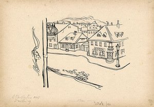 A. Vaičaitis. Rudoji vaistinė. Raiteliai. Iliustracija J. Kaupo knygai „Daktaras Kripštukas pragare“. 1948, Freiburgas. Popierius, tušas, 21,5 x 30,5 cm. Skenavo Edgaras Austinskas