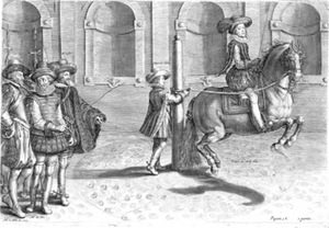 Crispin de Pas. „Treniruotė prie stulpo“, 1625 m., A. de Pluvinel „L’Instruction du Roy en l’exercice de monter à cheval“ Crispin de Pas. „Treniruotė prie stulpo“, 1625 m., A. de Pluvinel „L’Instruction du Roy en l’exercice de monter à cheval“