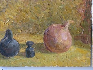 Eglė Velaniškytė. Natiurmortas su svareliais ir svogūnu, 2013.